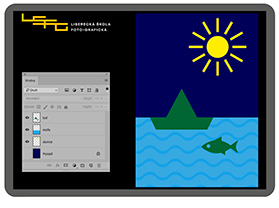 Ukázka práce v grafickém editoru s vrstveným obrázkem: slunce, loď, ryba ve vodě. Logo Liberecké školy fotografické vlevo nahoře.
